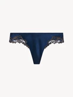 Maison Blue Silk Satin G-string With Frastaglio