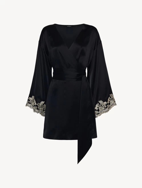 Maison Black Silk Short Robe With Frastaglio
