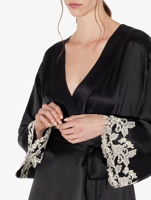 Maison Black Silk Short Robe With Frastaglio - Image 5