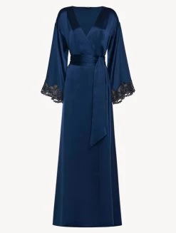 Maison Blue Long Silk Robe With Frastaglio