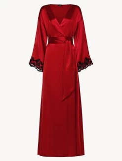 Maison Red Long Silk Robe With Frastaglio
