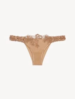 Brazilian Brief In Beige Lycra With Embroidered Tulle