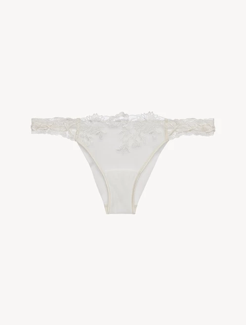 Brazilian Brief In Off-white Lycra With Embroidered Tulle
