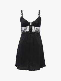 Slip Dress In Black Modal With Embroidered Tulle