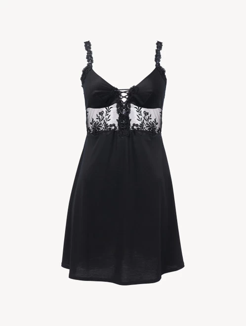 Slip Dress In Black Modal With Embroidered Tulle
