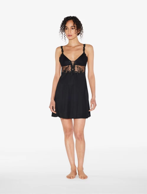 Slip Dress In Black Modal With Embroidered Tulle - Image 2