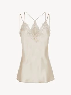 Rose Beige Camisole In Silk With Macramé Frastaglio