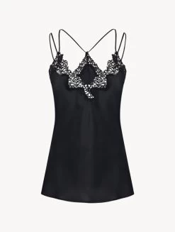 Black Camisole In Silk With Macramé Frastaglio