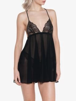 Silk Babydoll In Black With Leavers Lace
