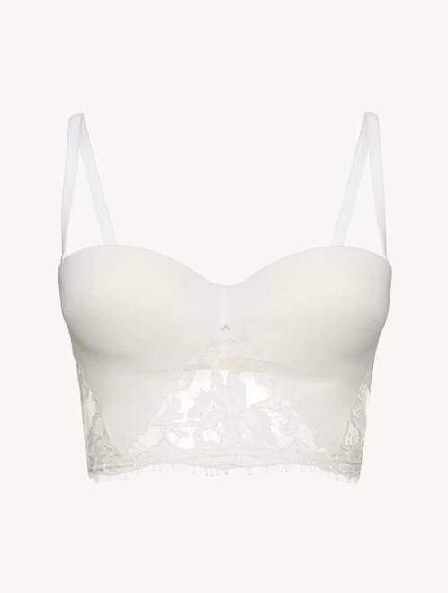 Bandeau Bra In Off White With Cotton Leavers Lace