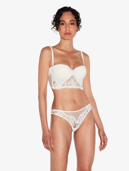 Bandeau Bra In Off White With Cotton Leavers Lace - Image 2
