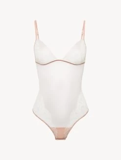Bodysuit In Linen And Nude Rose With Leavers Lace