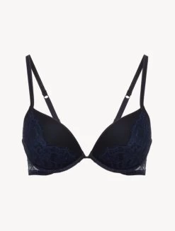 Push-Up Bra In Steel Blue And Black With Leavers Lace