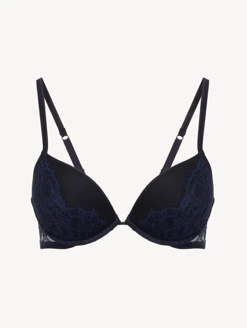 Push-Up Bra In Steel Blue And Black With Leavers Lace