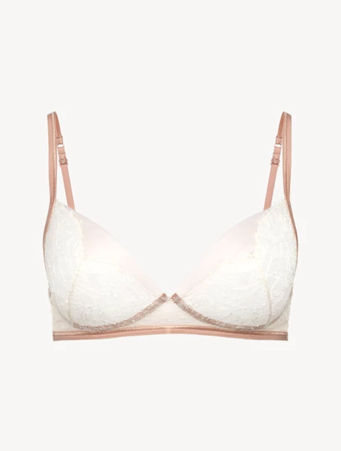 Soft Bralette In Linen And Nude Rose With Leavers Lace