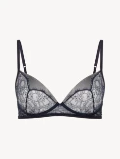 Soft Bralette In Steel Blue And Black With Leavers Lace