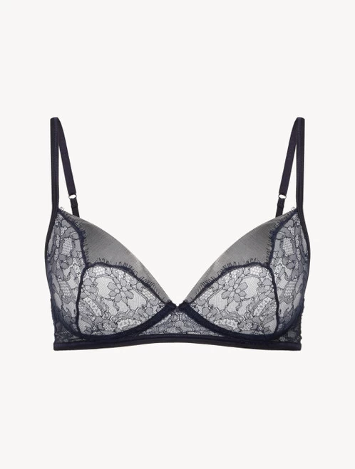Soft Bralette In Steel Blue And Black With Leavers Lace