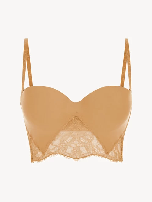 Nude Lycra Strapless Brassiere With Chantilly Lace