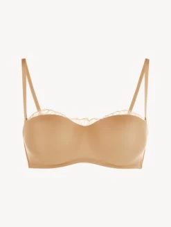 Nude Lycra Strapless Bandeau Bra With Chantilly Lace