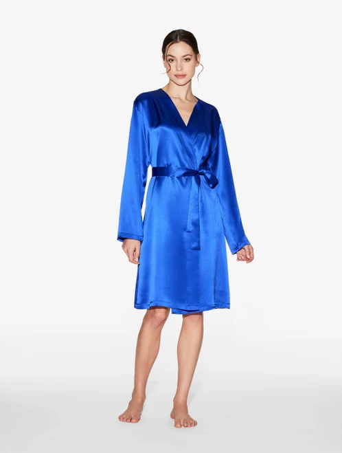 Silk Short Robe In Electric Blue - Image 2