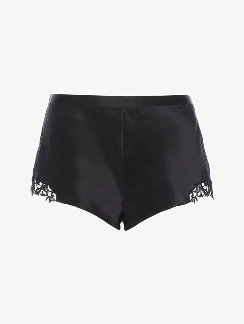 Black Silk Sleep Shorts With Macramé Frastaglio