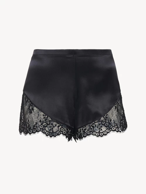 Black Silk Pajama Shorts With Leavers Lace Trim