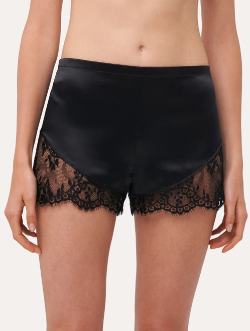 Black Silk Pajama Shorts With Leavers Lace Trim - Image 2