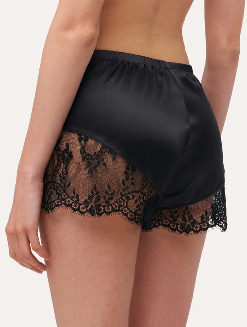 Black Silk Pajama Shorts With Leavers Lace Trim - Image 3