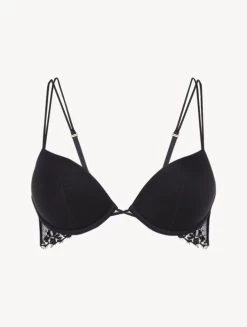 Black Padded Push-up Bra With Leavers Lace Trim