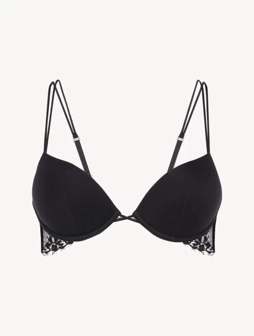 Black Padded Push-up Bra With Leavers Lace Trim