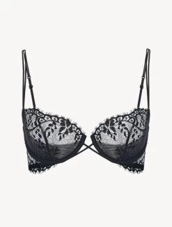 Black Underwired Balconette Bra With Leavers Lace Trim