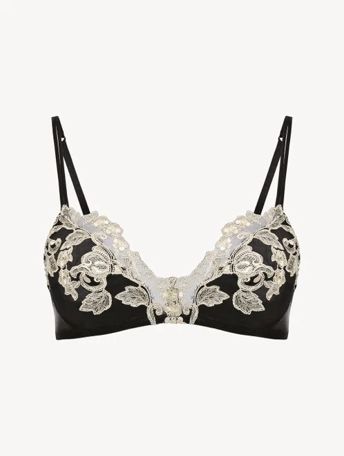Maison Black Silk Triangle Bra With Ivory Frastaglio