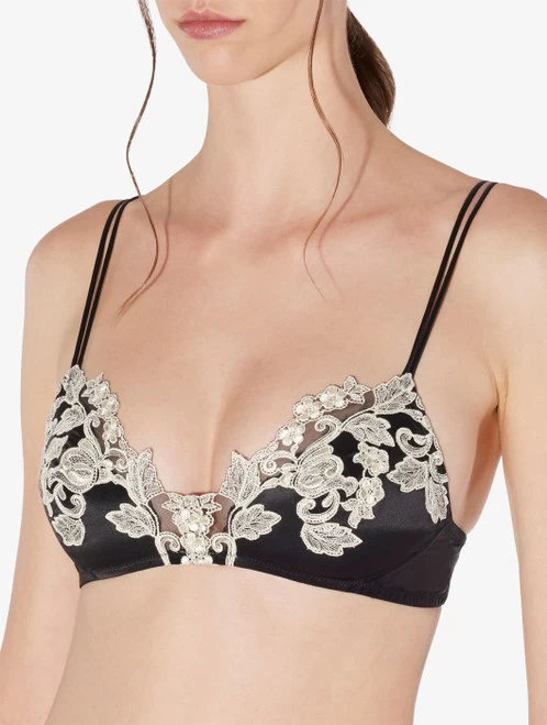 Maison Black Silk Triangle Bra With Ivory Frastaglio - Image 4