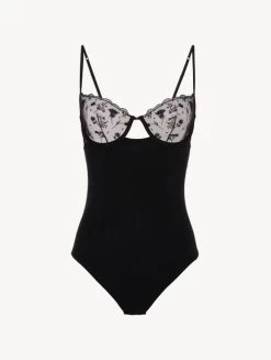 Bodysuit In Onyx With Embroidered Tulle