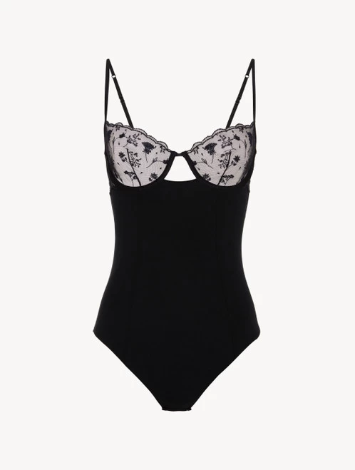 Bodysuit In Onyx With Embroidered Tulle