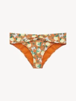 Orange Printed Bikini Brief With Draped Waist