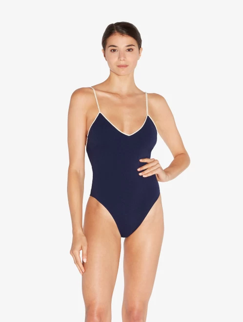 Signature Monogram V-neck Swimsuit In Navy - Image 2